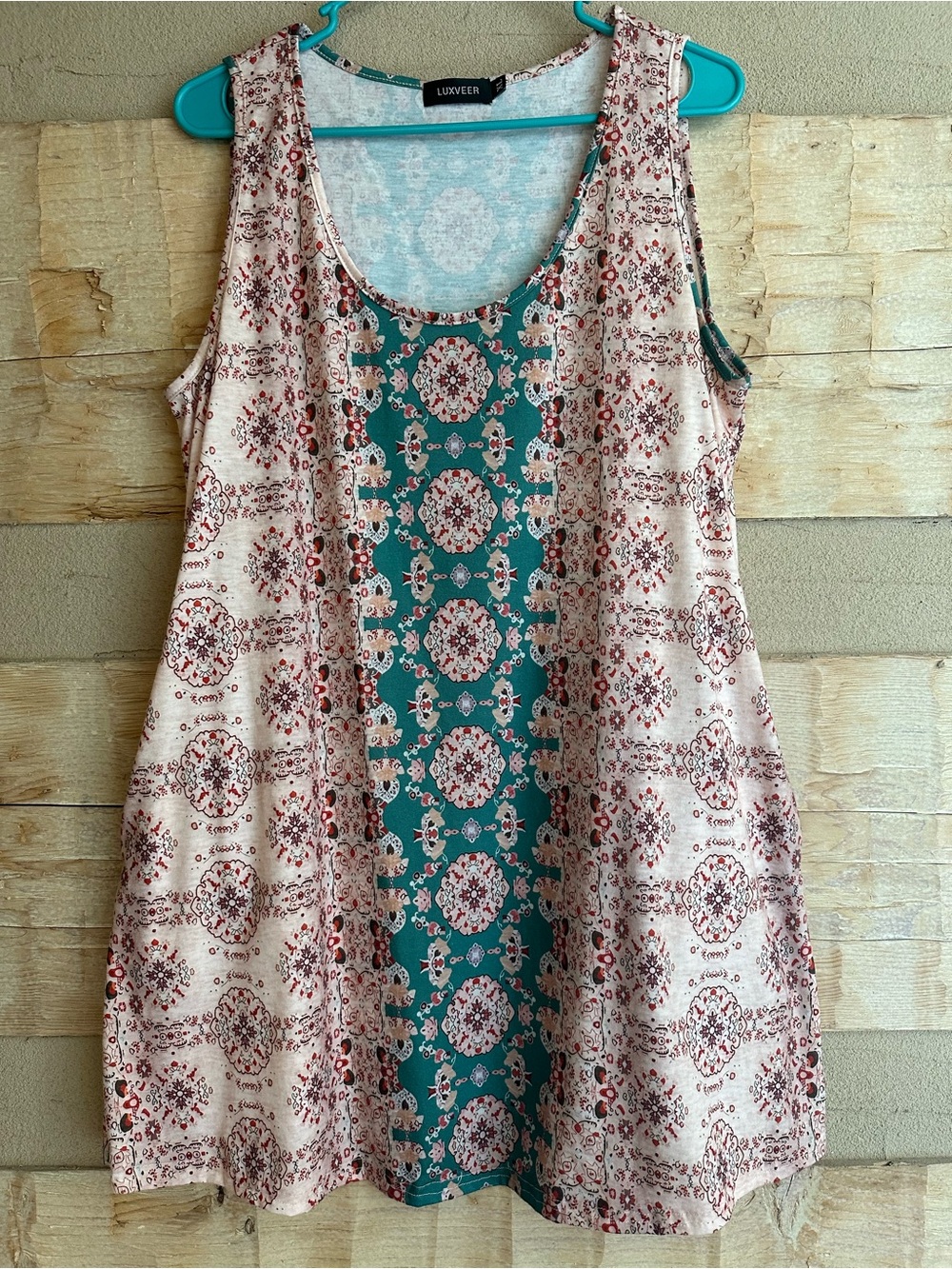 Luxveer Teal and Cream Printed Midi Dress POCKETS